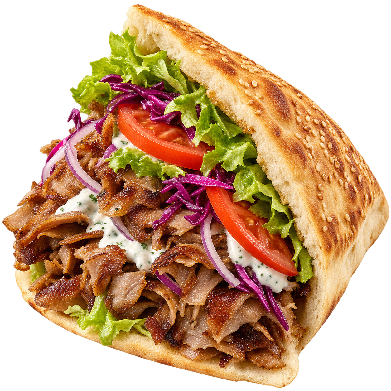 Döner im Fladenbrot mit Fleisch, Salat und Gemüse – Serviervorschlag