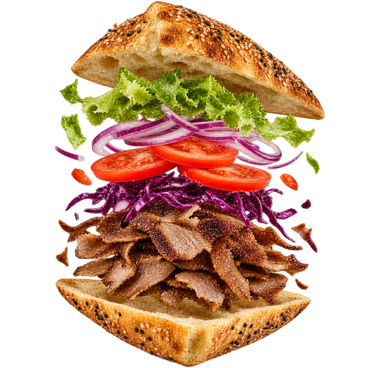 Döner-Zutaten mit Fladenbrot, Gemüse, Fleisch und Soße – illustrative Darstellung